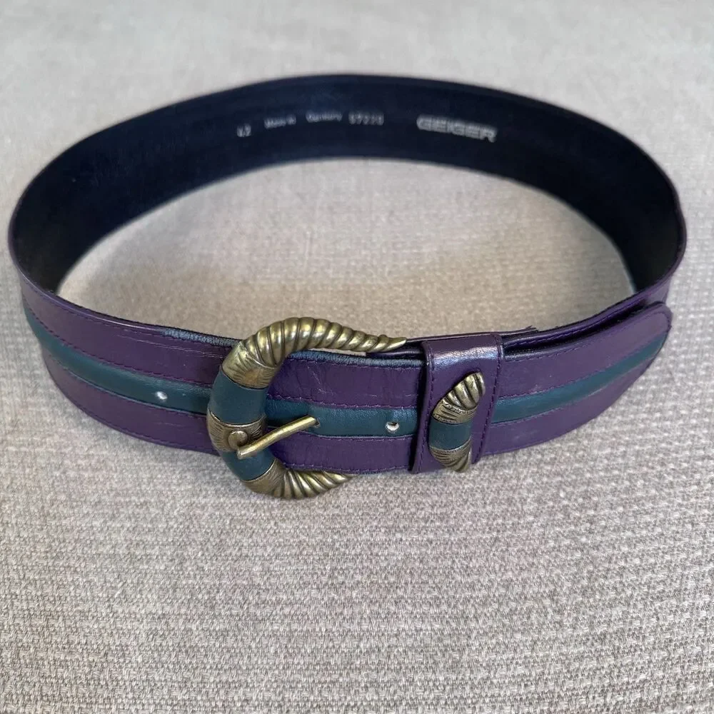 Vintage Geiger Wide Leather Belt Large Gold Buckle Sz S Purple Green Retro 550